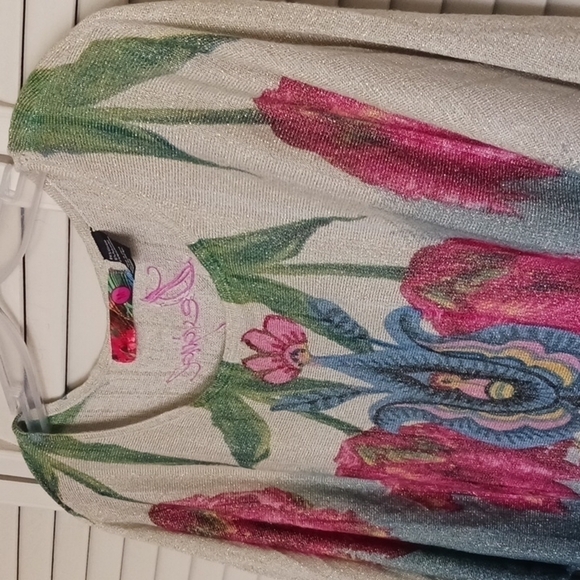 DESIGUAL Boho Dolman Sleeve Floral Mettalic Disco Mini Dress, Sz M - Picture 4 of 15